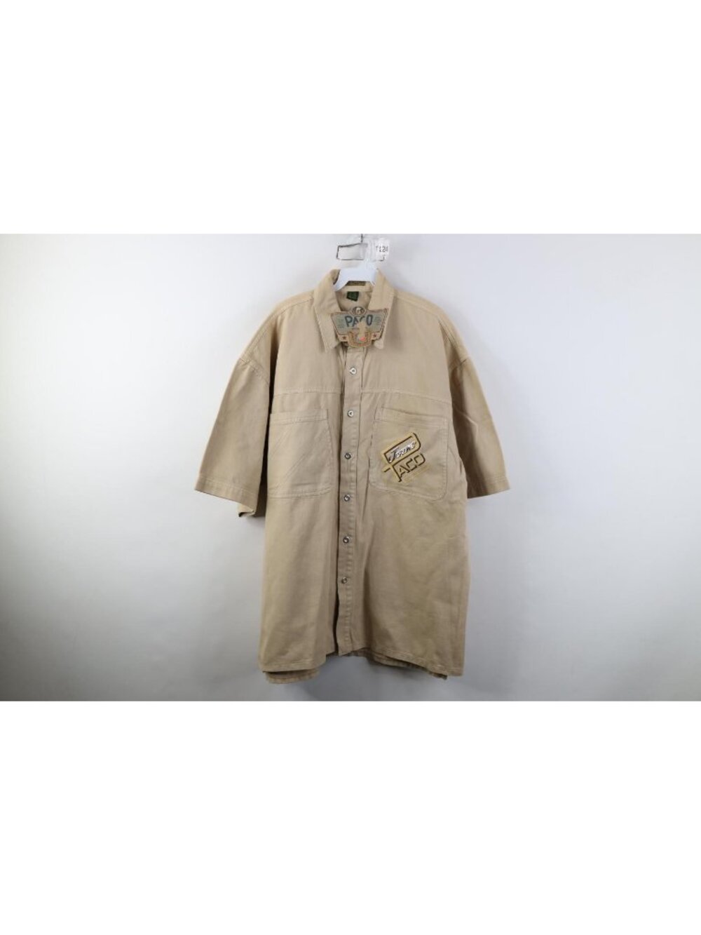 Deadstock Vintage 90s Paco Jeans Mens XL Baggy Denim Collared Button Shirt Beige